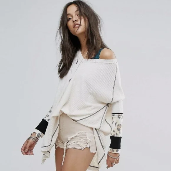 We The Free Off-the-Shoulder Oversized Sweater with Leopard Print Sleeves - Picture 1 of 12